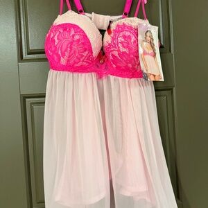 Lace-Trim Pink Mesh Babydoll Chemise with Fuchsia hot pink Cups